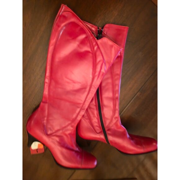 Hugo Boss NOS 1990s Red Leather Knee-High Boots Paula DM 37 Made in Italy - Picture 4 of 14
